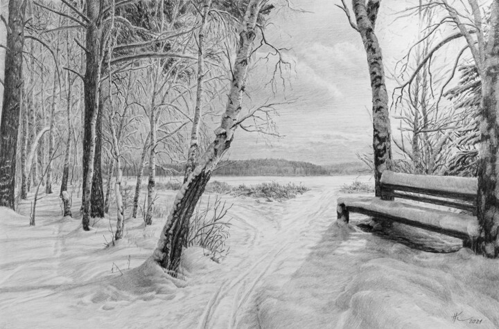 Drawing titled "Winter Landscape" by Natalia Korbukh, Original Artwork, Pencil