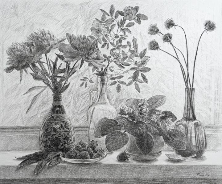 Disegno intitolato "Flowers on the Wind…" da Natalia Korbukh, Opera d'arte originale, Carbone
