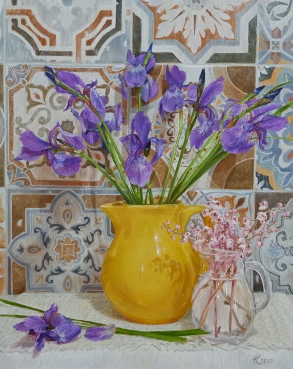 Schilderij getiteld "Irises in a Yellow…" door Natalia Korbukh, Origineel Kunstwerk, Olie