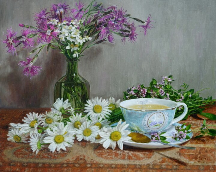 Картина под названием "Chamomile Tea" - Natalia Korbukh, Подлинное произведение искусства, Масло