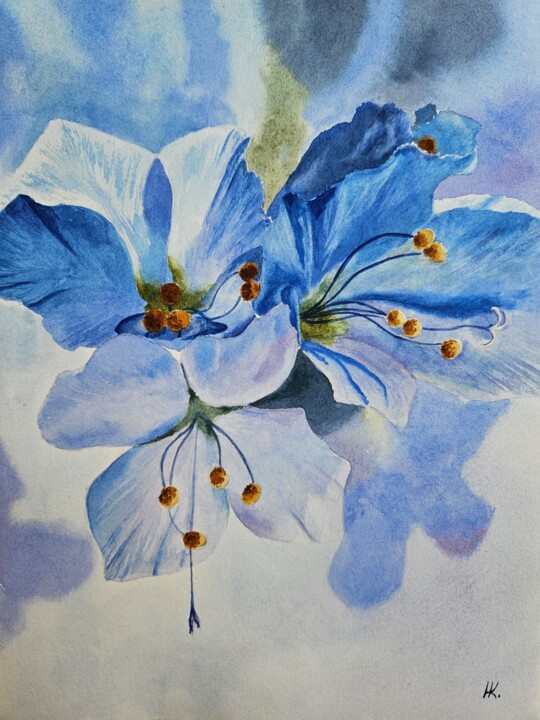 Painting titled "Blue flowers" by Natalia Kuznetsova, Original Artwork, Watercolor