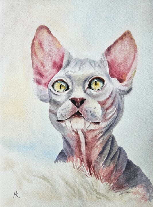 Pintura intitulada "Sphynx cat" por Natalia Kuznetsova, Obras de arte originais, Aquarela