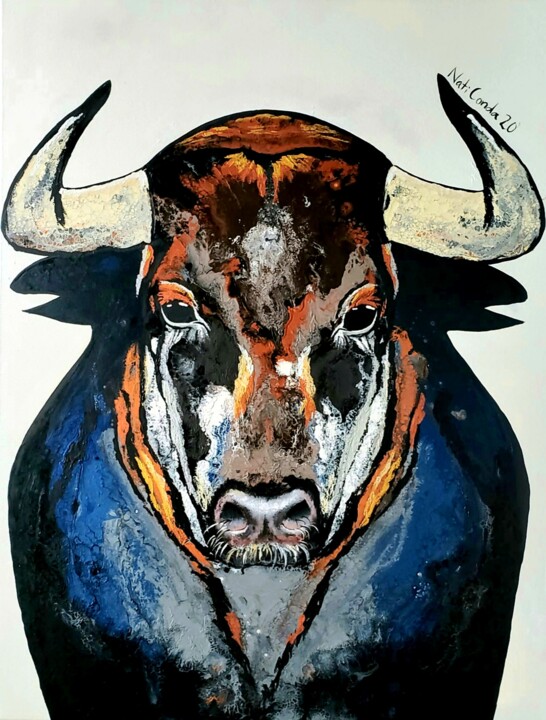 Painting titled "Toro azulado" by Natalia Martinez (NatiConda ART), Original Artwork, Acrylic Mounted on Wood Stretcher frame