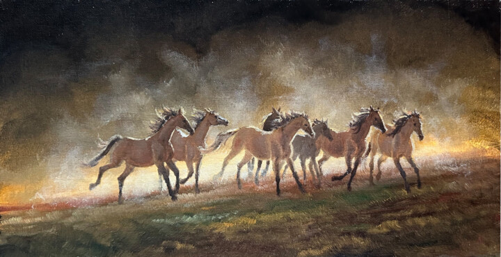 Painting titled "Running horses" by Natalia Mikhaylina, Original Artwork, Oil