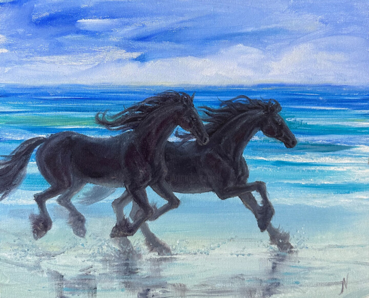 Pittura intitolato "Friesian horses run…" da Natalia Mikhaylina, Opera d'arte originale, Olio