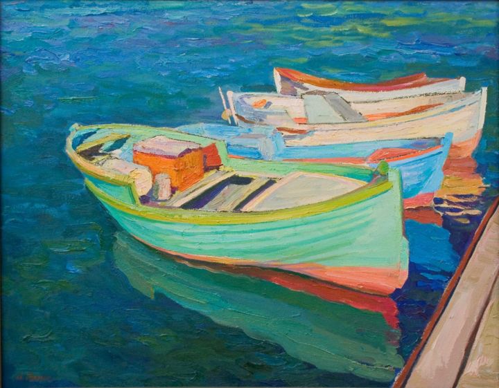 Pittura intitolato "Boats." da Natalia Pliss, Opera d'arte originale, Olio