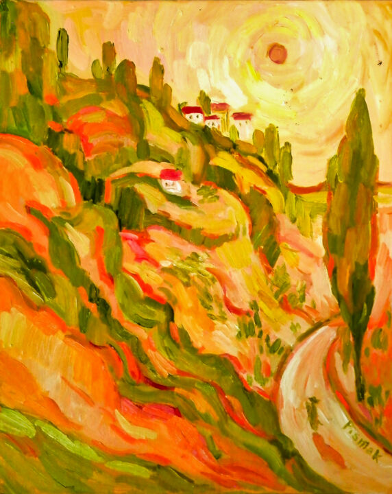 「Yellow Landscape」というタイトルの絵画 Natalia Pismakによって, オリジナルのアートワーク, オイル ウッドストレッチャーフレームにマウント