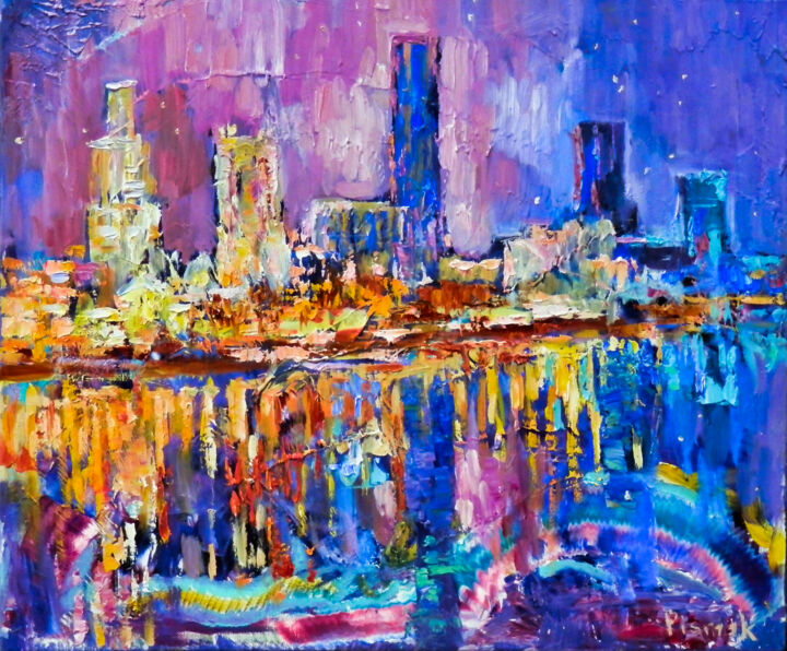 Painting titled "City By The River" by Natalia Pismak, Original Artwork, Oil Mounted on Wood Stretcher frame