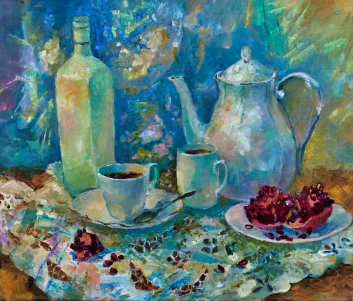 Malarstwo zatytułowany „Tea with Liqueur” autorstwa Natalia Pismak, Oryginalna praca, Olej Zamontowany na Drewniana rama nos…
