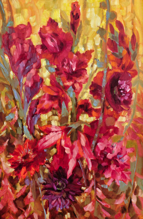 Painting titled "Red Flowers" by Natalia Pismak, Original Artwork, Oil Mounted on Cardboard