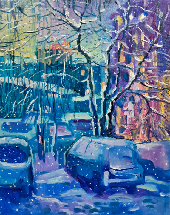 Painting titled "Lilac evening" by Natalia Pismak, Original Artwork, Oil Mounted on Wood Stretcher frame