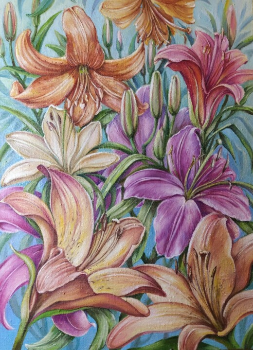 Painting titled "lily flowers" by Natalia Rudnitskiy, Original Artwork, Oil