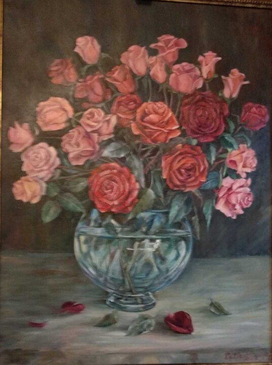 Painting titled "ROSES" by Natalia Rudnitskiy, Original Artwork, Oil Mounted on Wood Stretcher frame