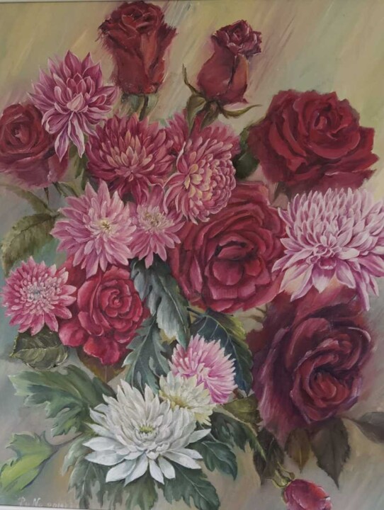 Painting titled "chrysanthemum" by Natalia Rudnitskiy, Original Artwork, Oil Mounted on Wood Stretcher frame