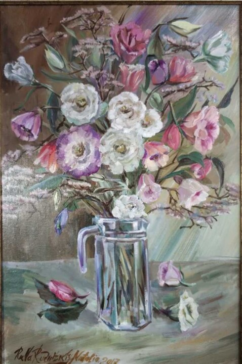 Painting titled "Flowers in a decant…" by Natalia Rudnitskiy, Original Artwork, Oil Mounted on Wood Stretcher frame
