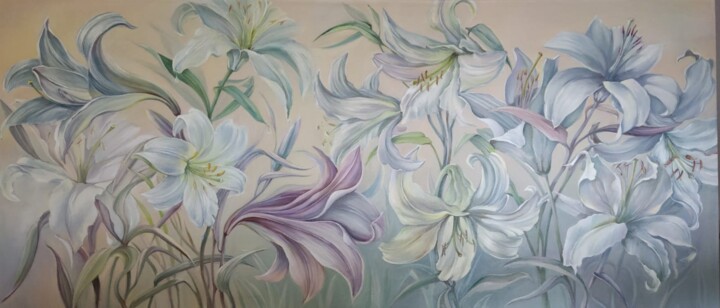 Картина под названием "Lilies at sunrise" - Natalia Rudnitskiy, Подлинное произведение искусства, Масло Установлен на Деревя…