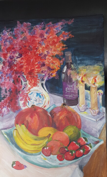 Painting titled "A Strawberry Evening" by Natalia Sharoni, Original Artwork, Acrylic Mounted on Wood Stretcher frame