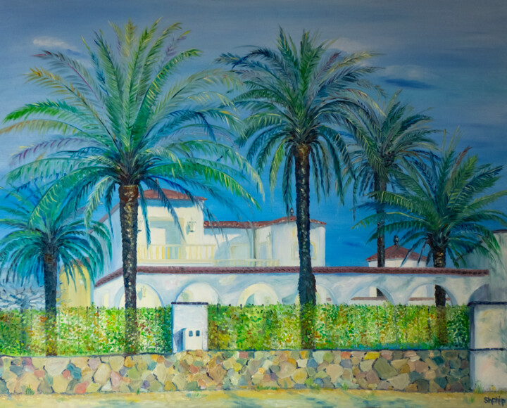 Painting titled "House with palm tre…" by Natalia Shchipakina, Original Artwork, Oil Mounted on Wood Stretcher frame
