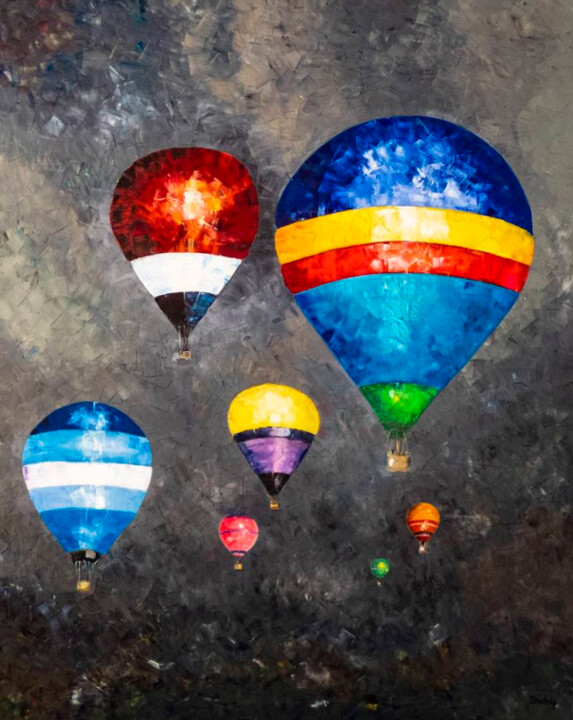 Painting titled "Balloon flight" by Natalia Shchipakina, Original Artwork, Oil Mounted on Wood Stretcher frame
