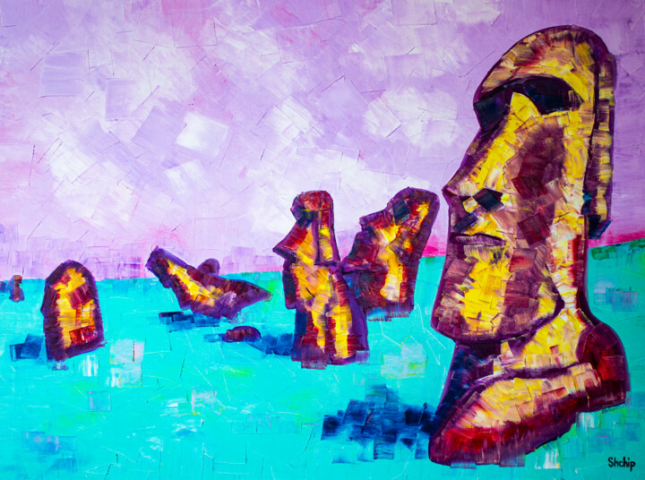 Painting titled "Easter Island. Moai" by Natalia Shchipakina, Original Artwork, Oil Mounted on Wood Stretcher frame