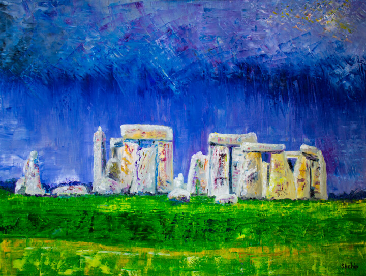 Painting titled "England. Stonehenge" by Natalia Shchipakina, Original Artwork, Oil Mounted on Wood Stretcher frame