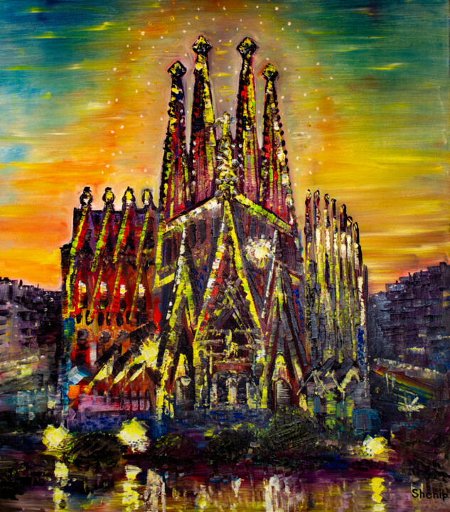 Painting titled "Barcelona. Sagrada…" by Natalia Shchipakina, Original Artwork, Oil Mounted on Wood Stretcher frame