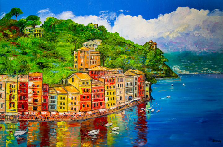Peinture intitulée "Portofino. Lake at…" par Natalia Shchipakina, Œuvre d'art originale, Huile Monté sur Châssis en bois