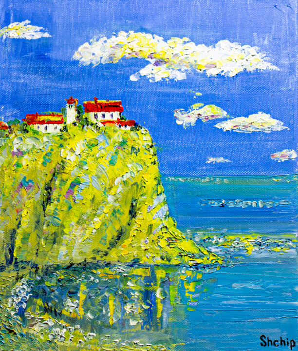 Painting titled "House on the cliff" by Natalia Shchipakina, Original Artwork, Oil Mounted on Wood Stretcher frame