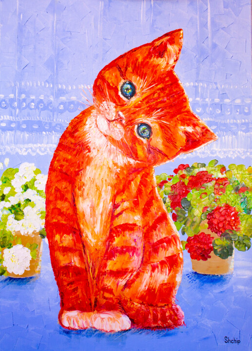 Painting titled "Kitten on the window" by Natalia Shchipakina, Original Artwork, Oil Mounted on Wood Stretcher frame