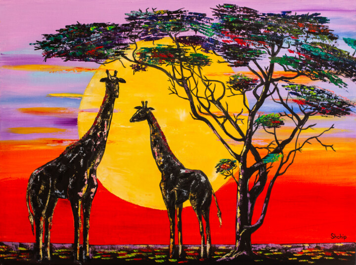 Pittura intitolato "African Giraffes" da Natalia Shchipakina, Opera d'arte originale, Olio Montato su Telaio per barella in…