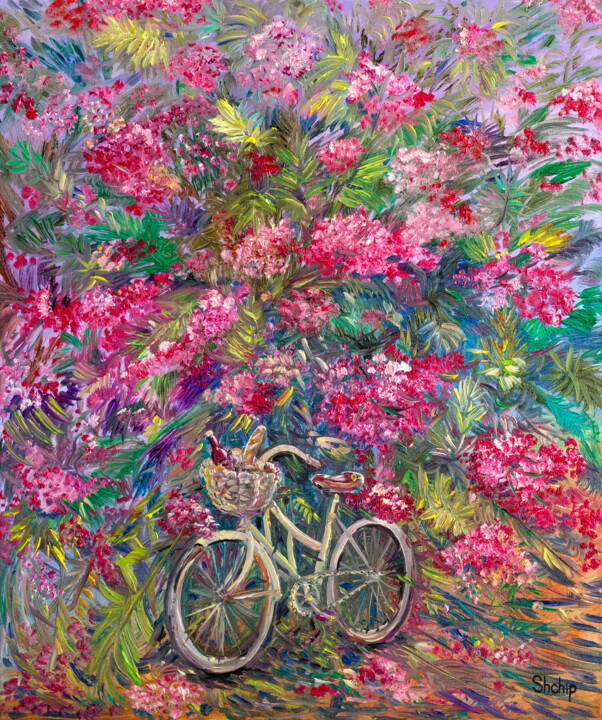 Painting titled "Bicycle under a flo…" by Natalia Shchipakina, Original Artwork, Oil Mounted on Wood Stretcher frame