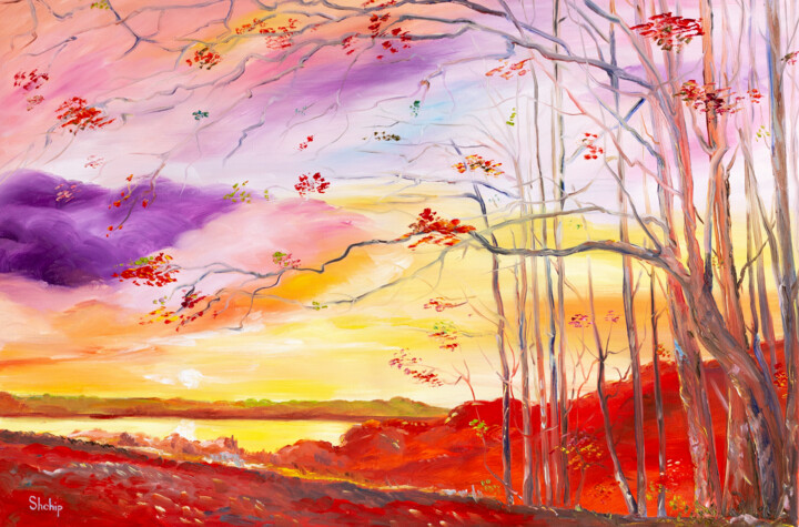 Картина под названием "Golden Autumn" - Natalia Shchipakina, Подлинное произведение искусства, Масло Установлен на Деревянна…