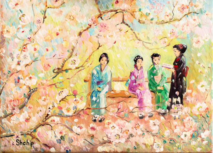 Schilderij getiteld "Japanese Women Reci…" door Natalia Shchipakina, Origineel Kunstwerk, Olie Gemonteerd op Frame voor hout…