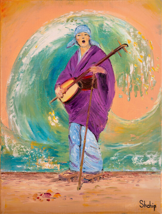 Painting titled "Japanese Musician.…" by Natalia Shchipakina, Original Artwork, Oil