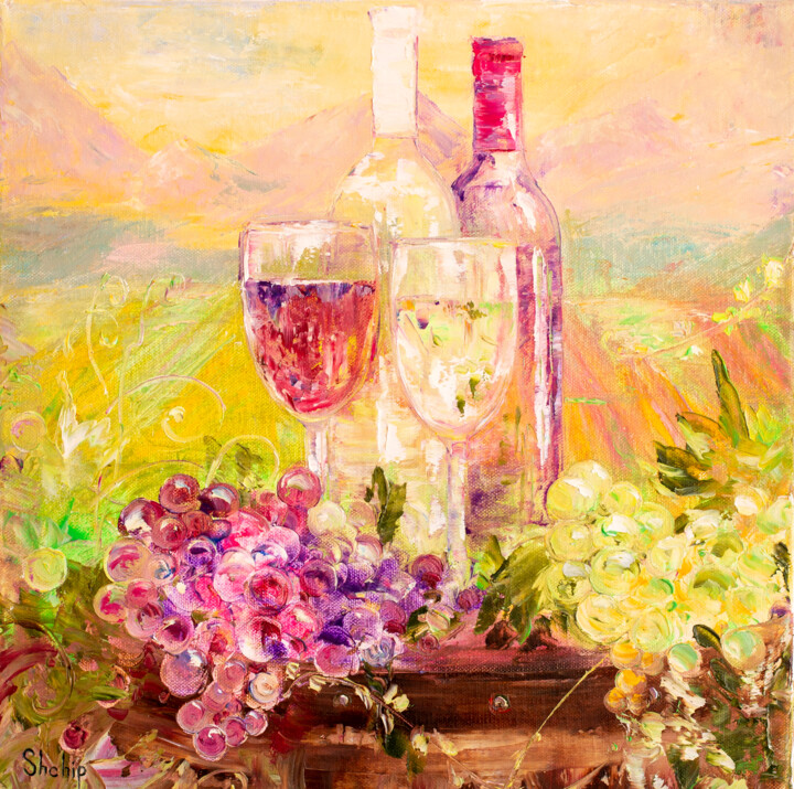 Malerei mit dem Titel "Wine At Sunset In T…" von Natalia Shchipakina, Original-Kunstwerk, Öl
