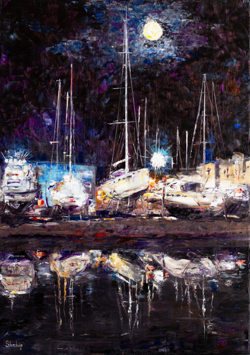 Painting titled "Night Port In Empur…" by Natalia Shchipakina, Original Artwork, Oil Mounted on Wood Stretcher frame