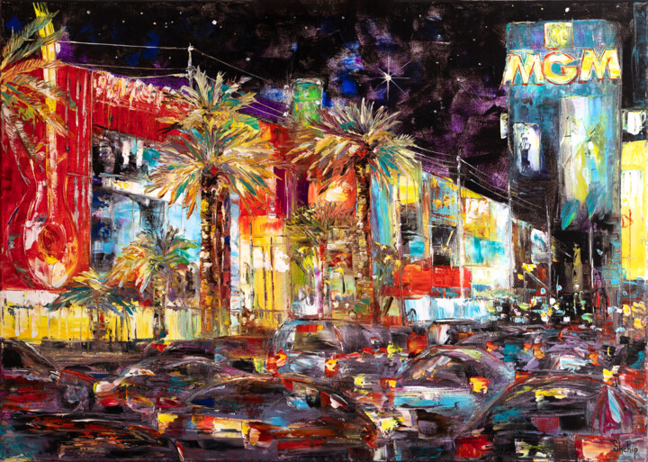 Peinture intitulée "Night in Las Vegas" par Natalia Shchipakina, Œuvre d'art originale, Huile Monté sur Châssis en bois