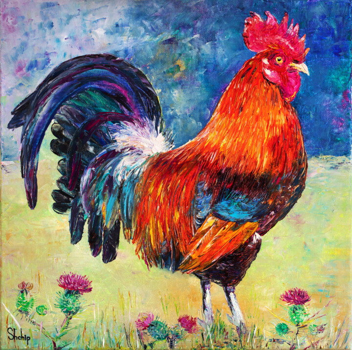 Painting titled "Rooster and Thistle" by Natalia Shchipakina, Original Artwork, Oil Mounted on Wood Stretcher frame