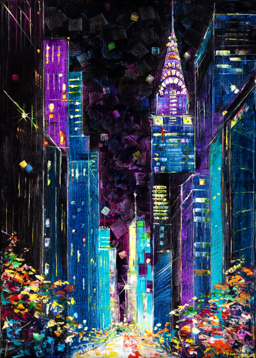 「Purple Night in New…」というタイトルの絵画 Natalia Shchipakinaによって, オリジナルのアートワーク, オイル ウッドストレッチャーフレームにマウント