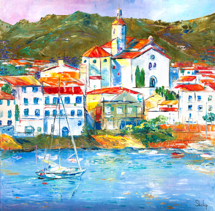 Painting titled "Cadaques" by Natalia Shchipakina, Original Artwork, Oil Mounted on Wood Stretcher frame