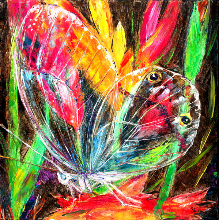 Malarstwo zatytułowany „Butterfly With Tran…” autorstwa Natalia Shchipakina, Oryginalna praca, Olej Zamontowany na Drewniana…