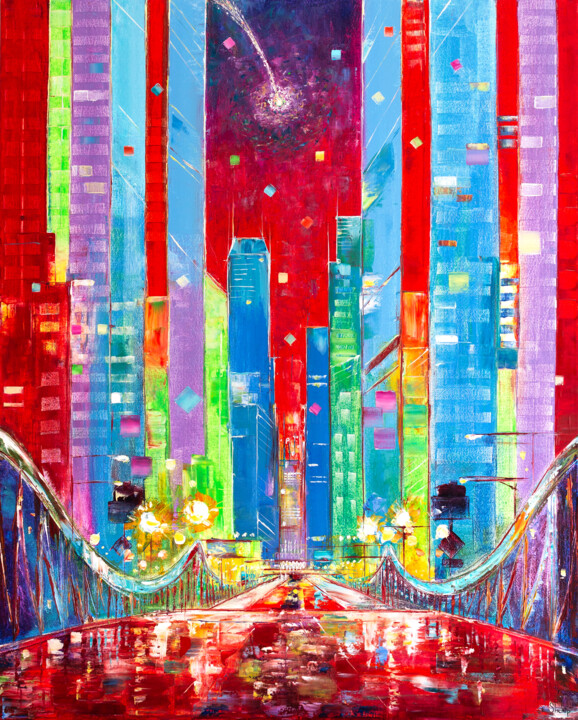 Pintura titulada "Chicago. Star Over…" por Natalia Shchipakina, Obra de arte original, Oleo Montado en Bastidor de camilla d…
