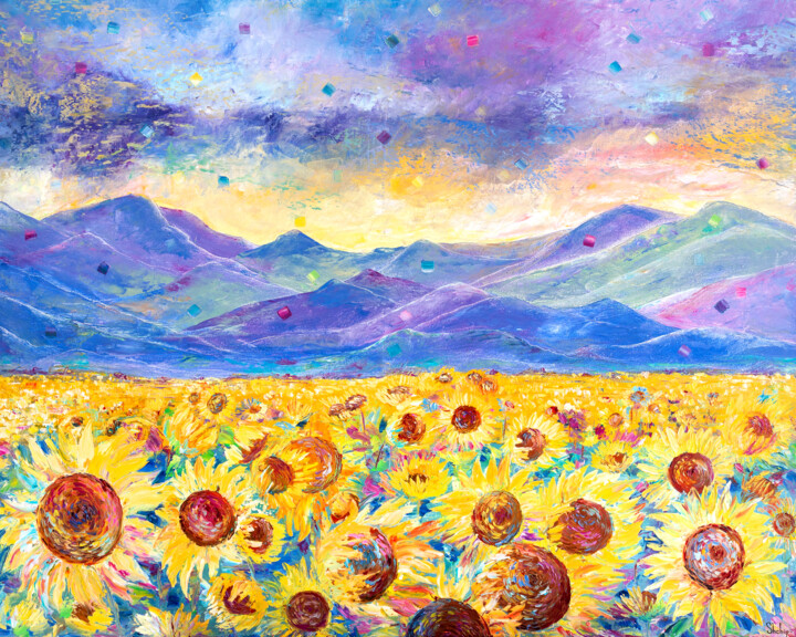 Painting titled "Sunflower Fields Ne…" by Natalia Shchipakina, Original Artwork, Oil Mounted on Wood Stretcher frame