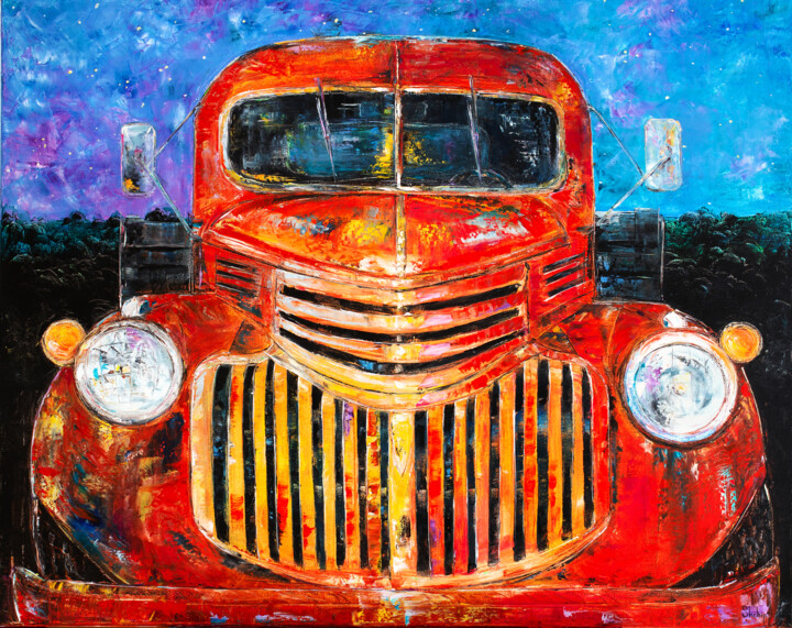 Painting titled "Old Truck At Night" by Natalia Shchipakina, Original Artwork, Oil Mounted on Wood Stretcher frame