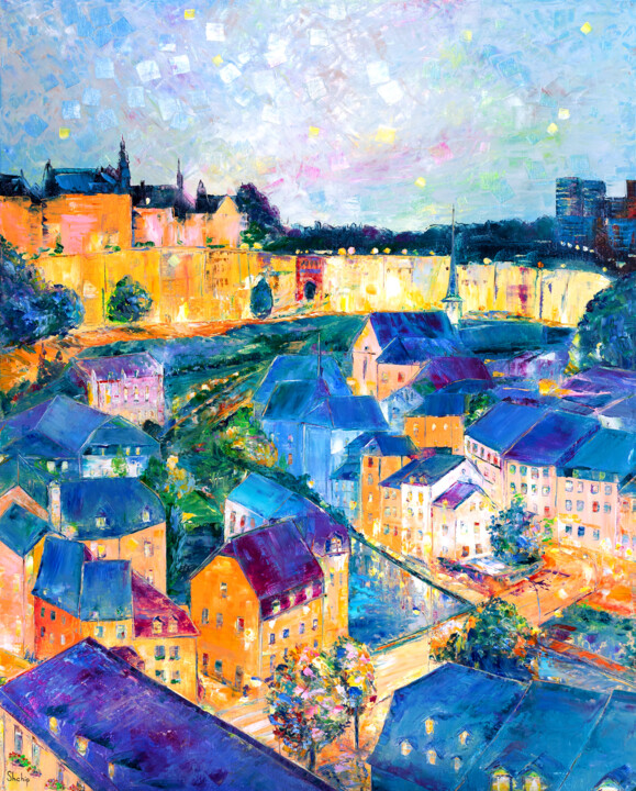 Painting titled "Luxembourg City" by Natalia Shchipakina, Original Artwork, Oil Mounted on Wood Stretcher frame