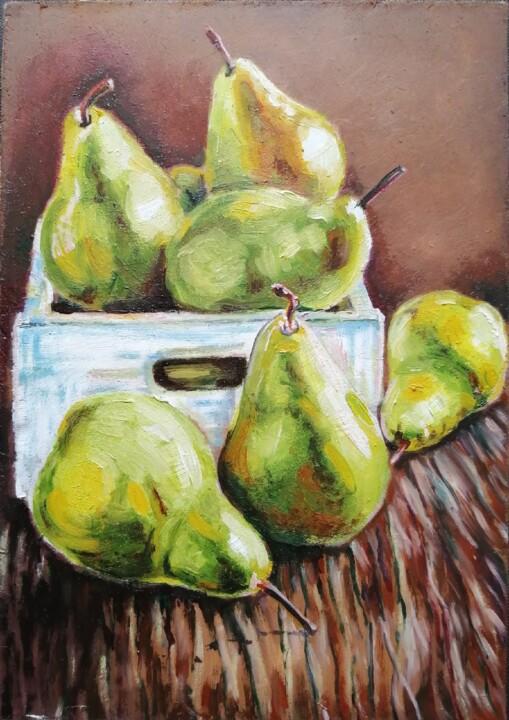 Pintura intitulada "many pears" por Natalia Shevkunova, Obras de arte originais, Óleo