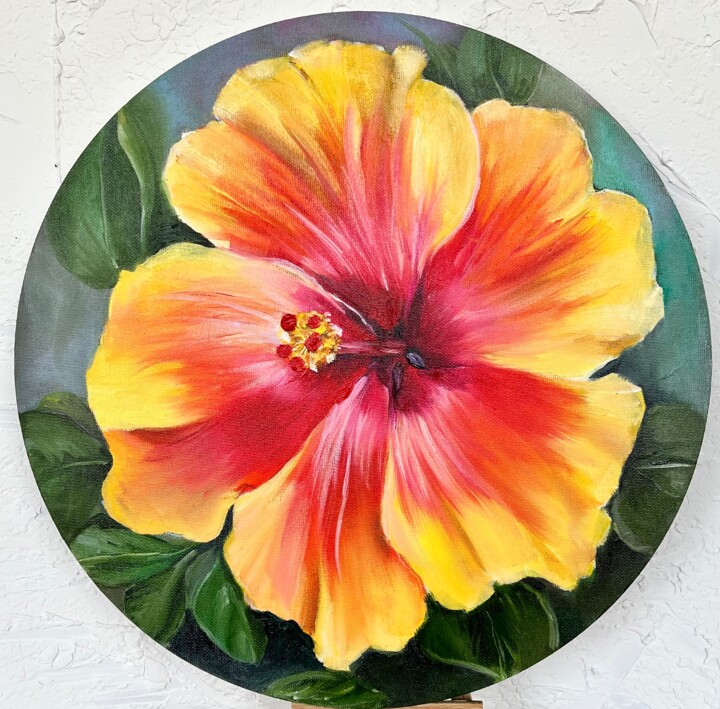 Painting titled "Hibiscus oil painti…" by Natalia Yangalycheva, Original Artwork, Oil