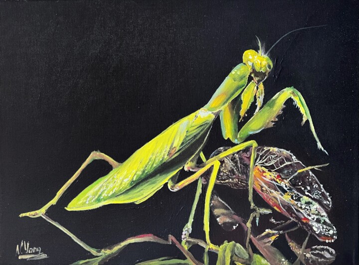 Painting titled "Green Mantis painti…" by Natalia Yangalycheva, Original Artwork, Acrylic