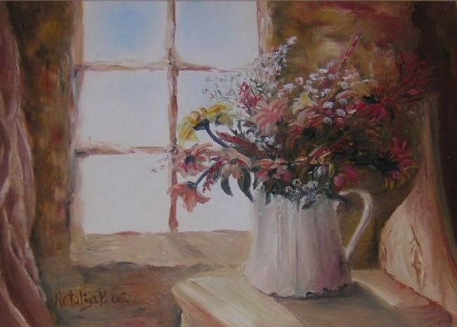 "Flowers and window" başlıklı Tablo Natalija Pantović tarafından, Orijinal sanat, Petrol