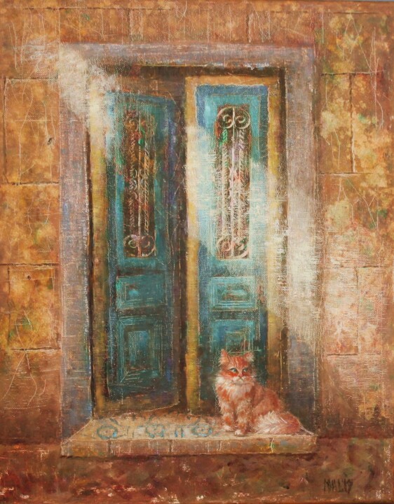 Painting titled "Old door and a cat" by Natalie Aleksejeva (NatalieVerve), Original Artwork, Oil